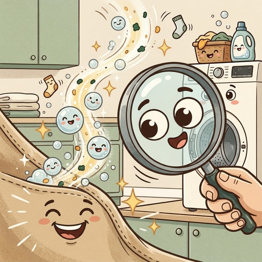 Cartoon magnifying glass over a sheet seam as soap bubbles lift tiny specks away