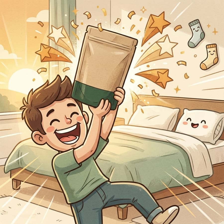 Cartoon of a person holding the pouch aloft like a trophy in a fresh clean bedroom at sunrise