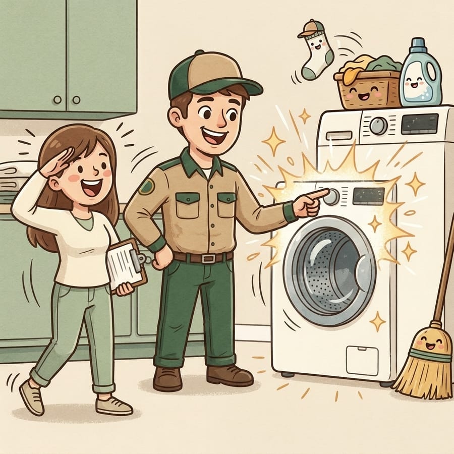 Cartoon exterminator pointing helpfully at a washing machine while a homeowner salutes
