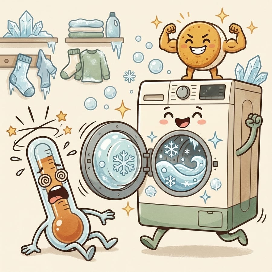 Cartoon washer running an ice-cold sparkling cycle while a shocked thermometer faints