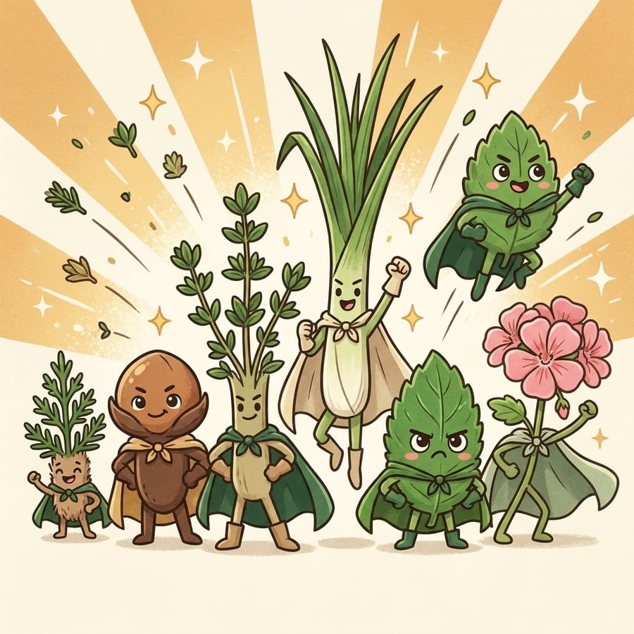 Cartoon superhero lineup of six plant characters with capes