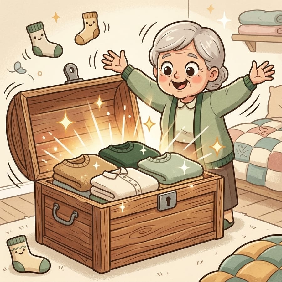 Cartoon cedar chest opening with a magical glow over pristine sweaters
