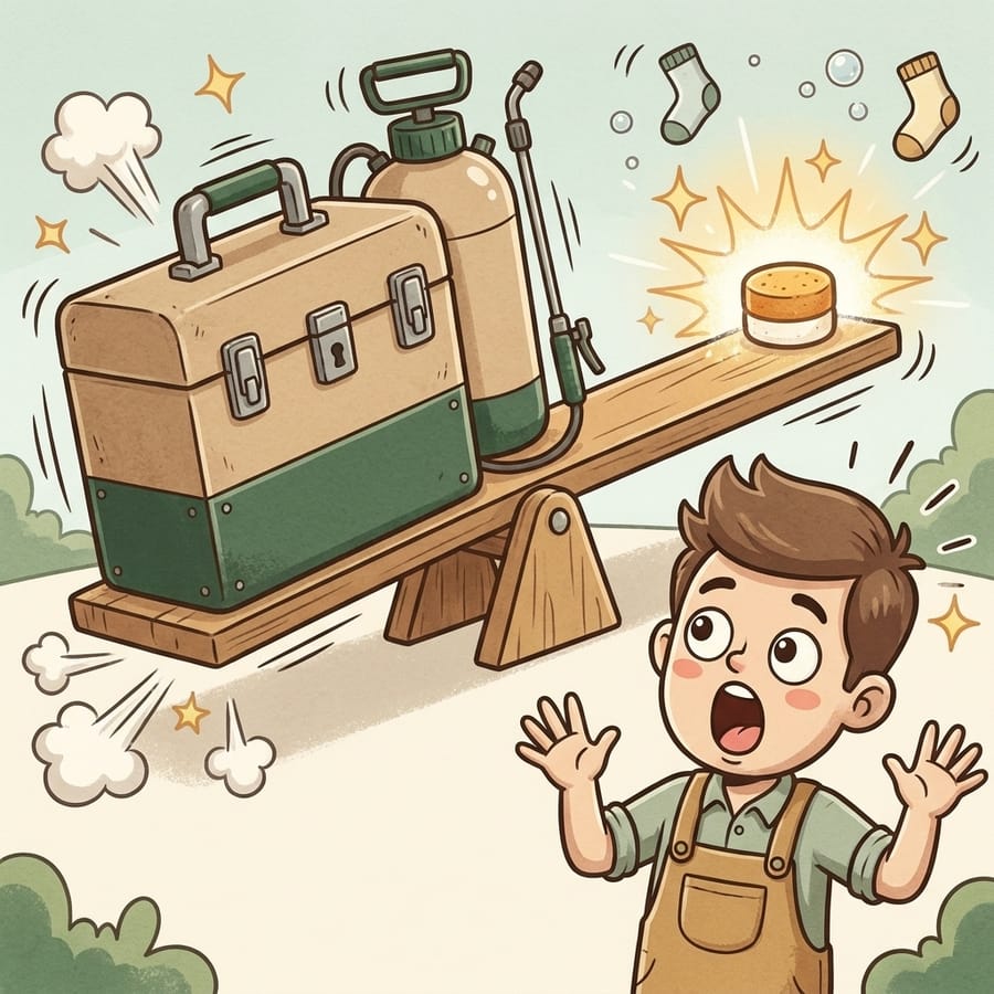 Cartoon seesaw with a huge exterminator toolbox balanced by one tiny glowing tablet