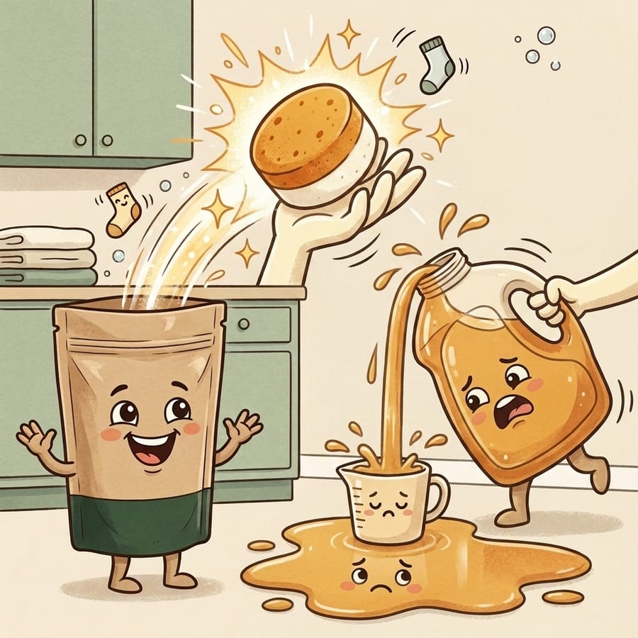Cartoon of a neat tablet popping from the pouch while a clumsy liquid bottle overflows a measuring cup