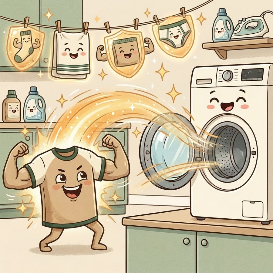Cartoon t-shirt flexing with a glowing amber aura next to the dryer