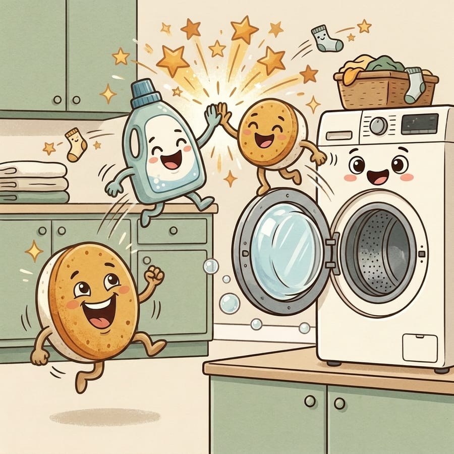 Cartoon detergent bottle and tablet characters high-fiving on top of a washer