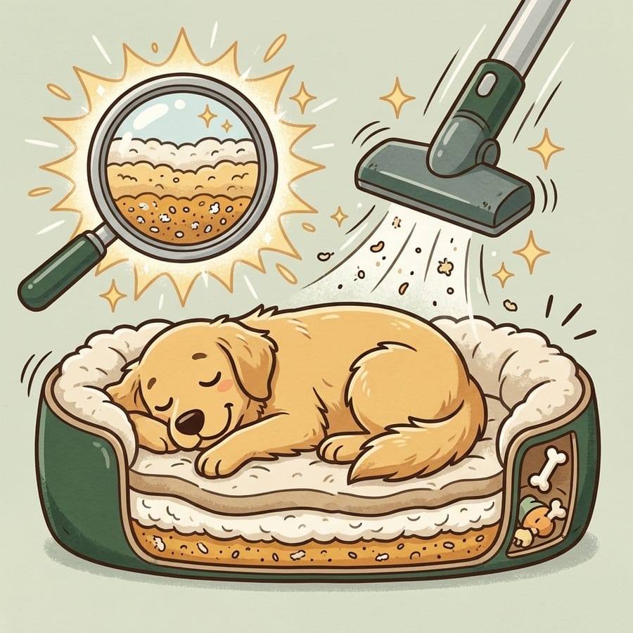 Cartoon cross-section of a dog bed showing deep padding layers a vacuum cannot reach