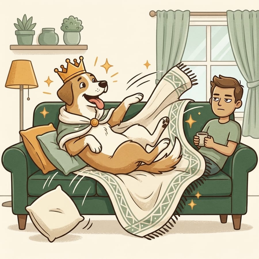 Cartoon dog sprawled across the whole couch while the owner squeezes onto one corner