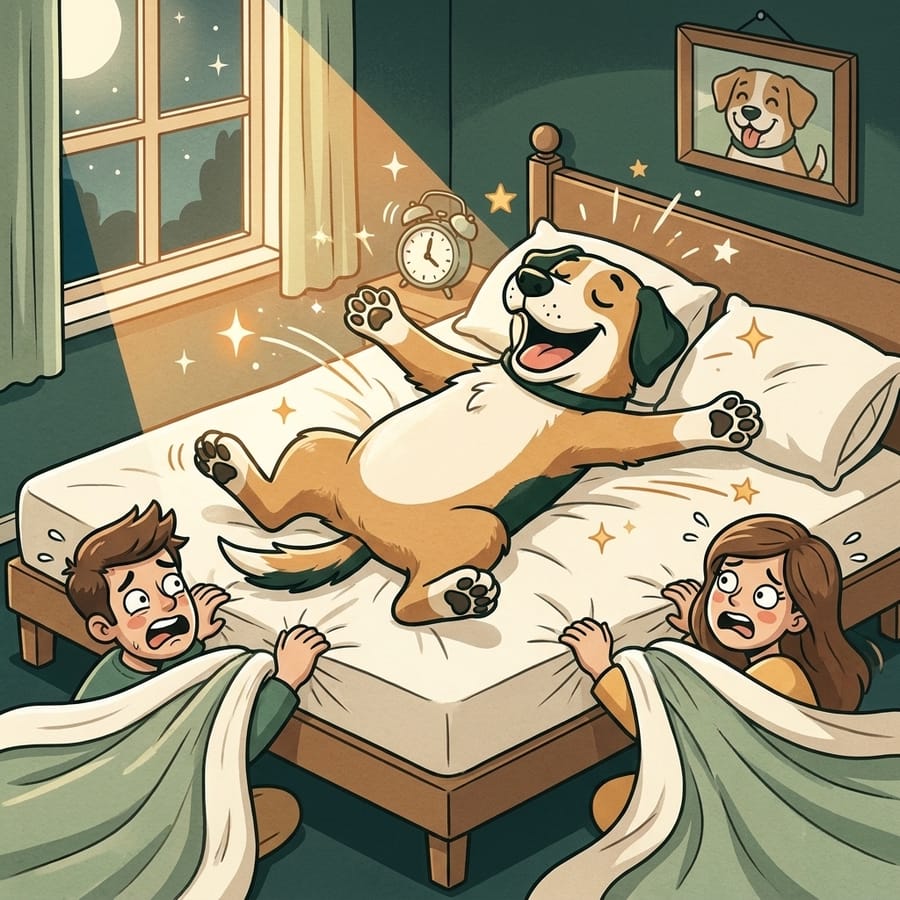 Cartoon dog starfished in the middle of the humans' bed while the owners cling to the edges