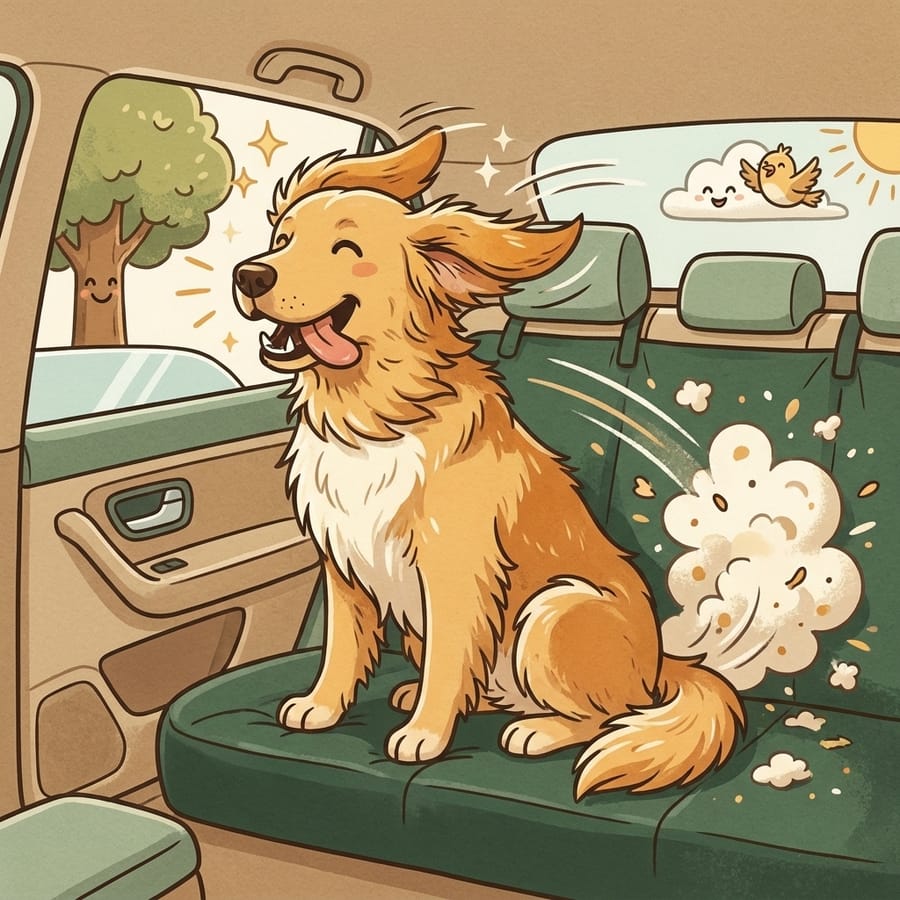 Cartoon dog riding in the car back seat with fluff bouncing off the seat cover