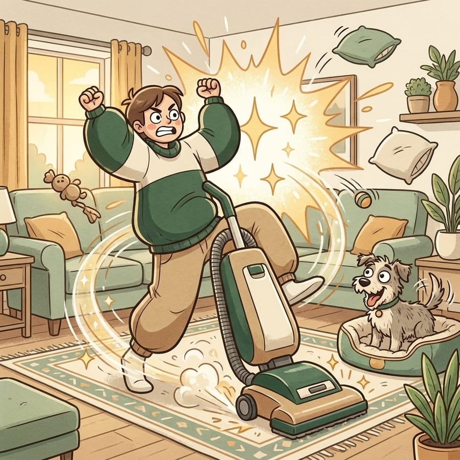 Cartoon person riding the vacuum across the rug like a noble steed while the dog watches