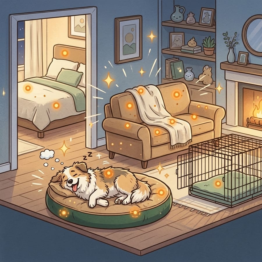 Cartoon cutaway of a cozy home showing the dog bed, couch throw, bed, and crate pad softly highlighted