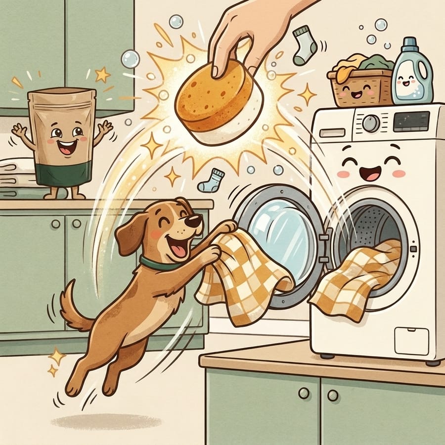 Cartoon dog slam-dunking his blanket into the washer as a tablet drops in with a sparkle burst
