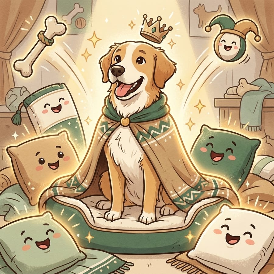 Cartoon dog sitting like royalty surrounded by his glowing fabric kingdom