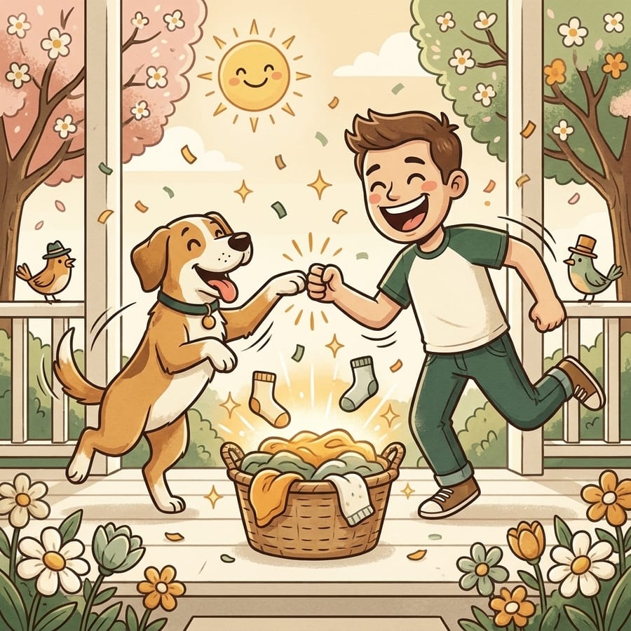 Cartoon dog and owner fist-bumping on a sunny spring porch beside a basket of fresh laundry