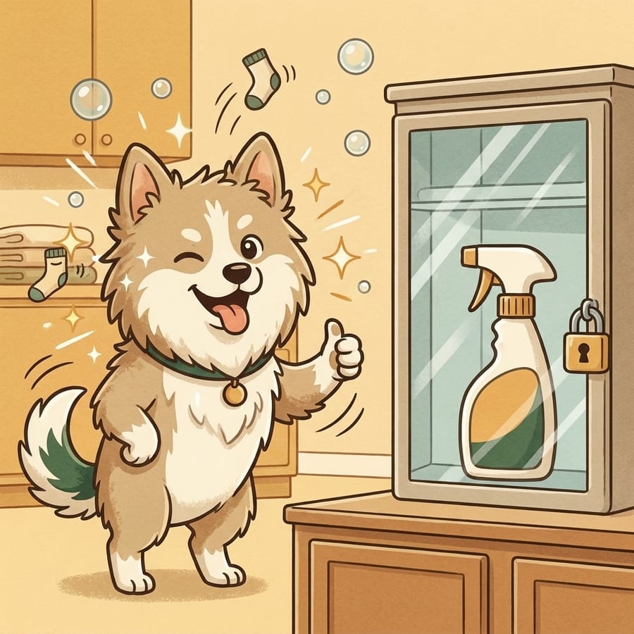 Cartoon dog giving a winking thumbs-up while a spray bottle sits locked away in a cabinet
