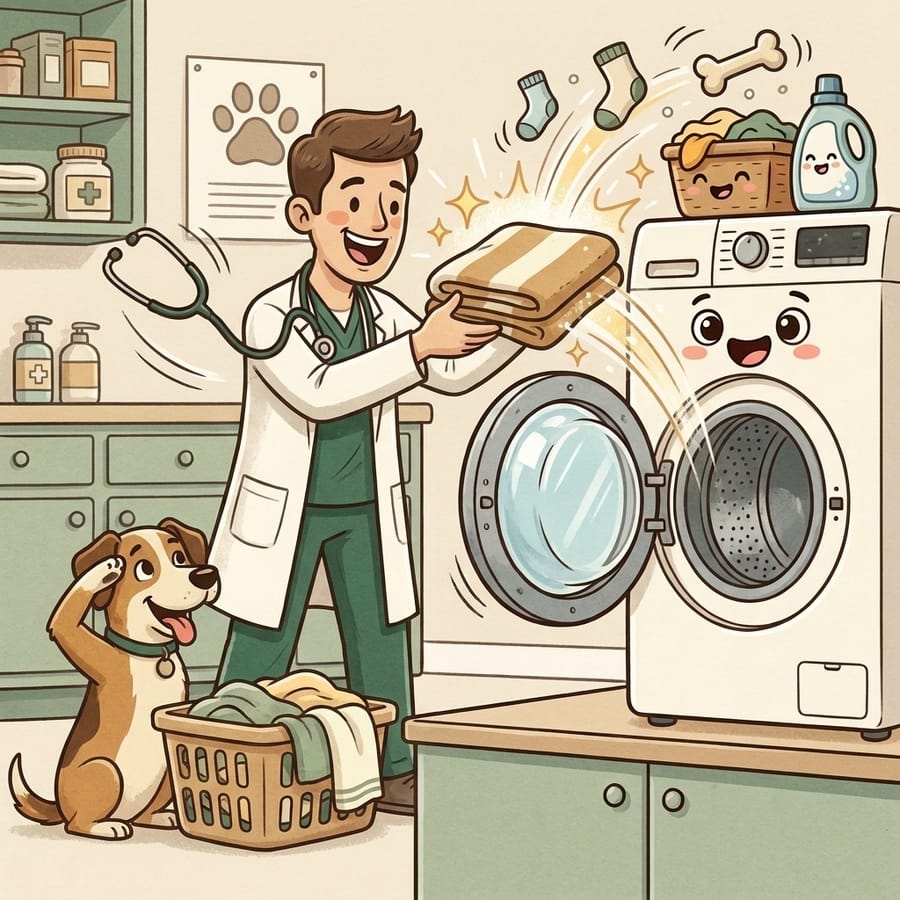 Cartoon vet handing a folded dog blanket toward the washer while the dog salutes