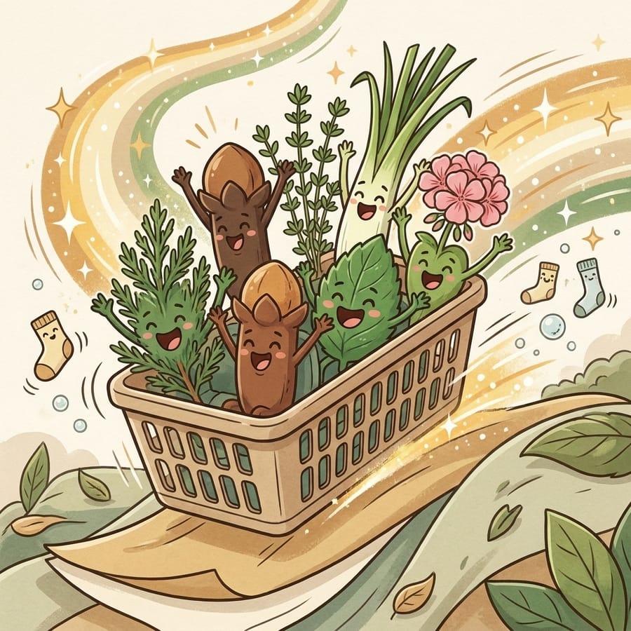 Cartoon plant characters riding a laundry basket like a rollercoaster
