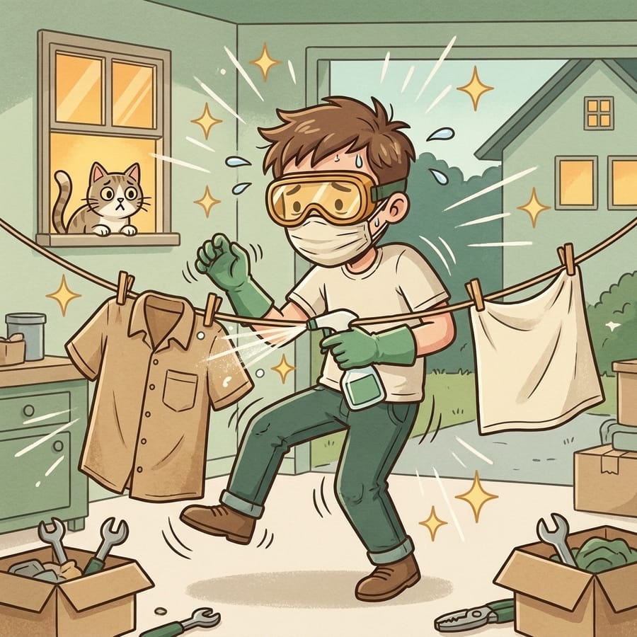 Cartoon of an exhausted person in goggles and gloves tangled in a clothesline while spraying a shirt in the garage