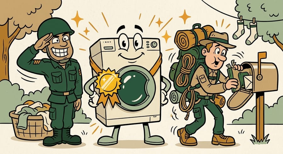 Cartoon soldier and hiker flanking a washing machine wearing a gold medal