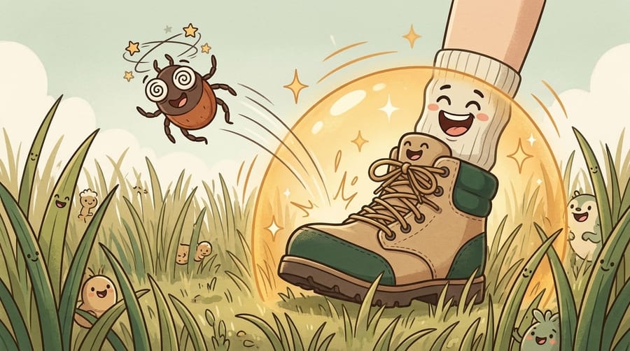 Cartoon tick in tall grass bouncing away dizzy after bumping the amber glow around a hiker's sock