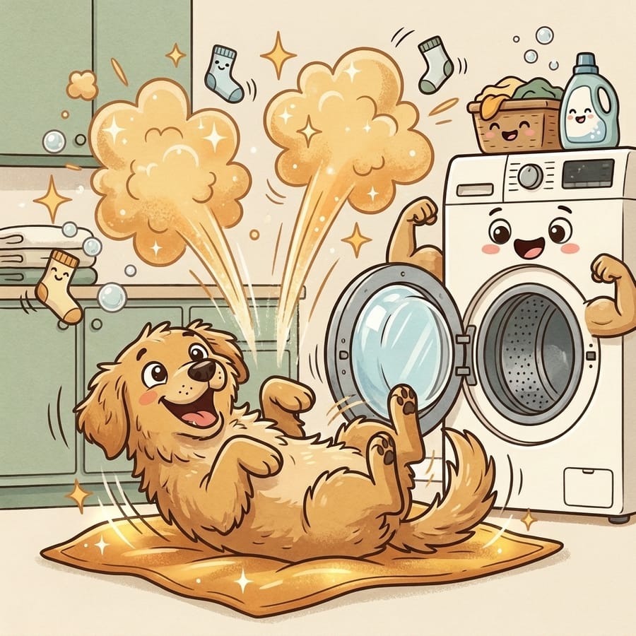 Cartoon dog rolling joyfully on a glowing blanket with sparkle puffs