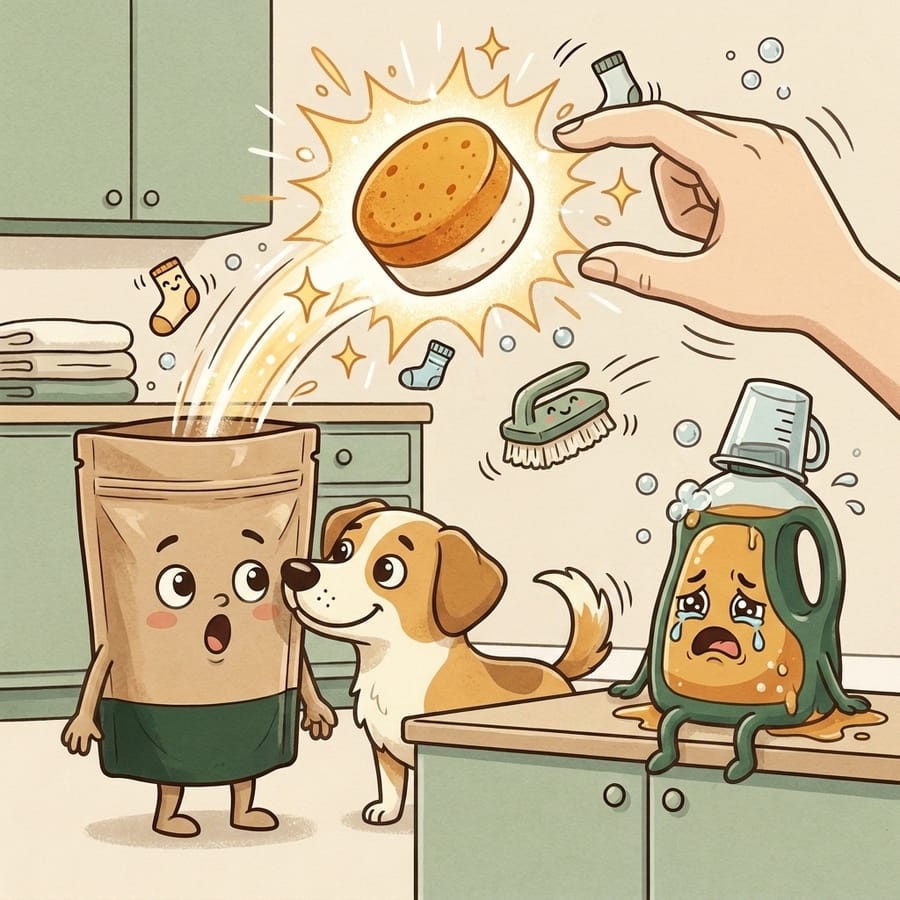 Cartoon dog nose-booping the pouch while a hand holds up one tablet like a prize coin