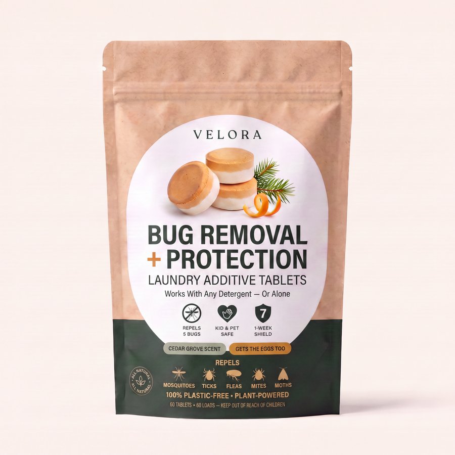 VeloraCo Bug Removal + Protection laundry additive tablets — 60-tablet kraft pouch