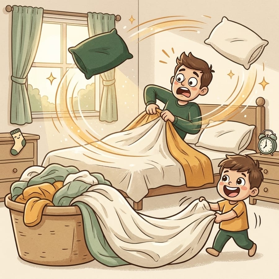 Cartoon of a parent yanking sheets off a bed while a kid drags a duvet to an overflowing laundry basket