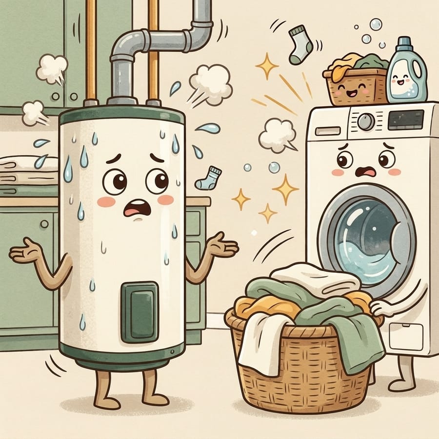 Cartoon of a sweating water heater shrugging while a worried washing machine waits with bedding