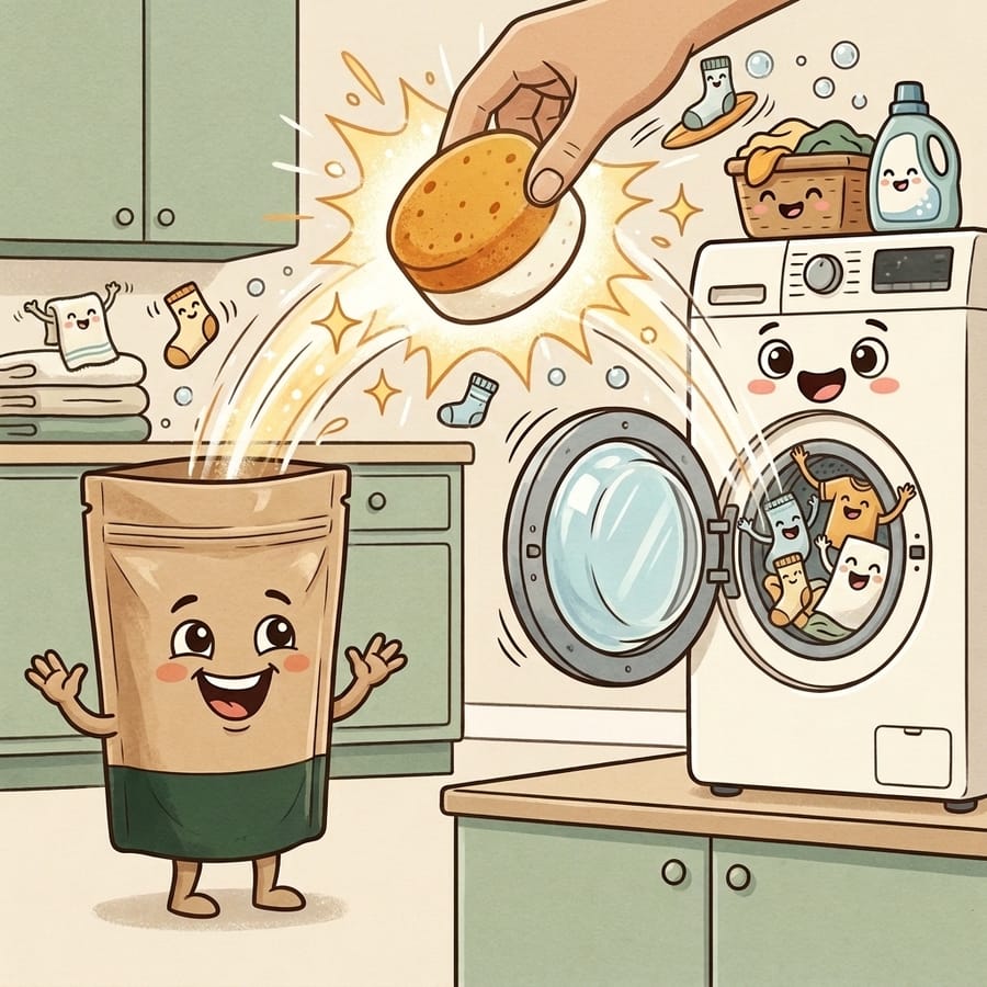 Cartoon of a hand dropping the two-layer tablet into a washer drum like a power-up while the laundry cheers