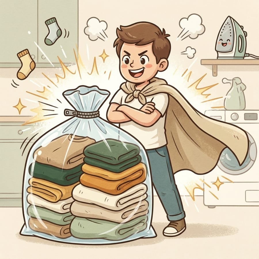 Cartoon of a person guarding a giant sealed bag of clean laundry in a superhero pose