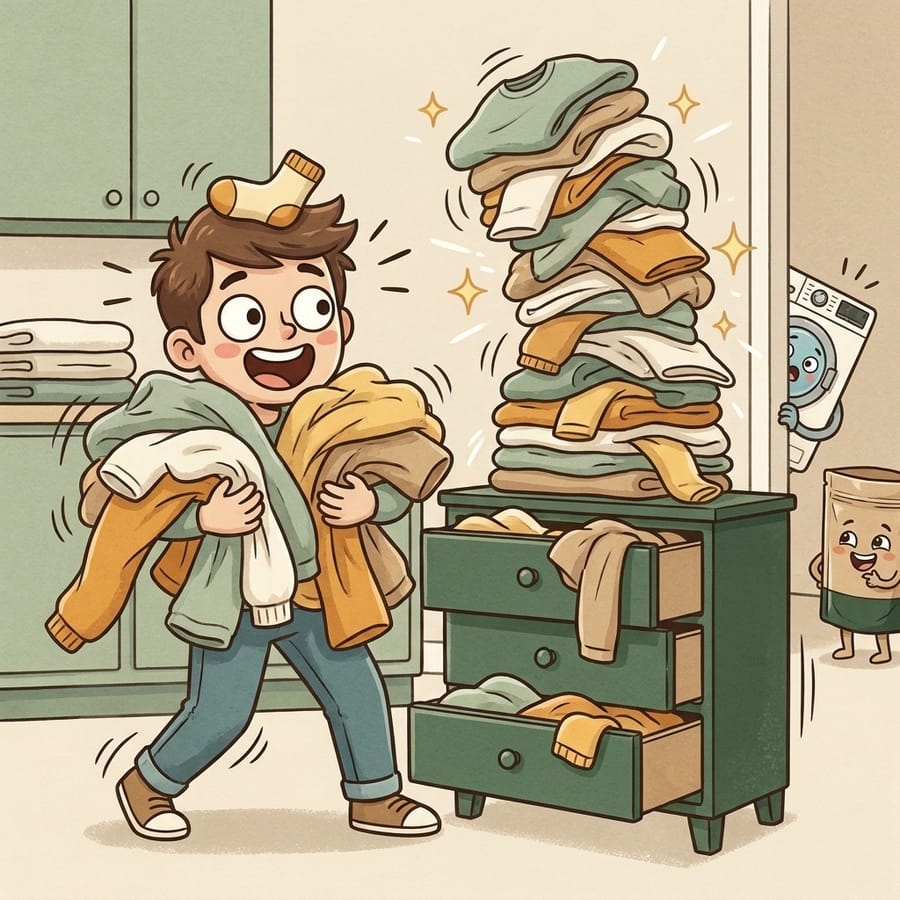 Cartoon of a person emptying a dresser with a comically tall wobbling pile of clothes