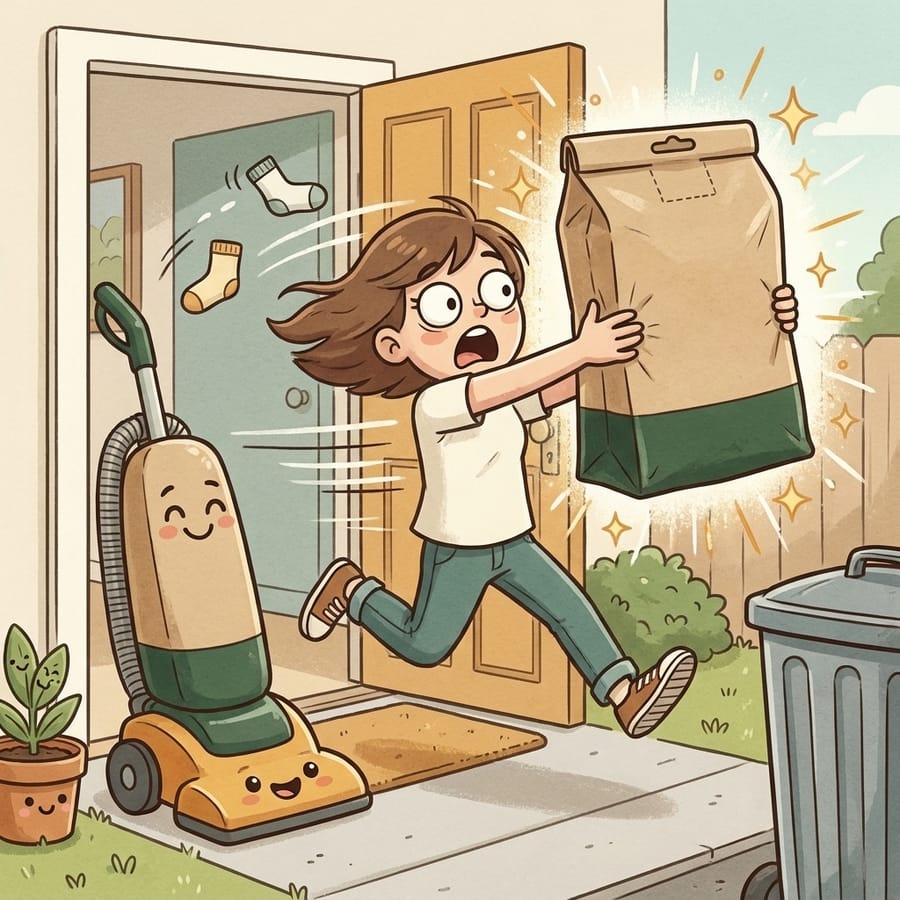 Cartoon of a person sprinting a sealed vacuum bag out to the outdoor trash bin at arm's length