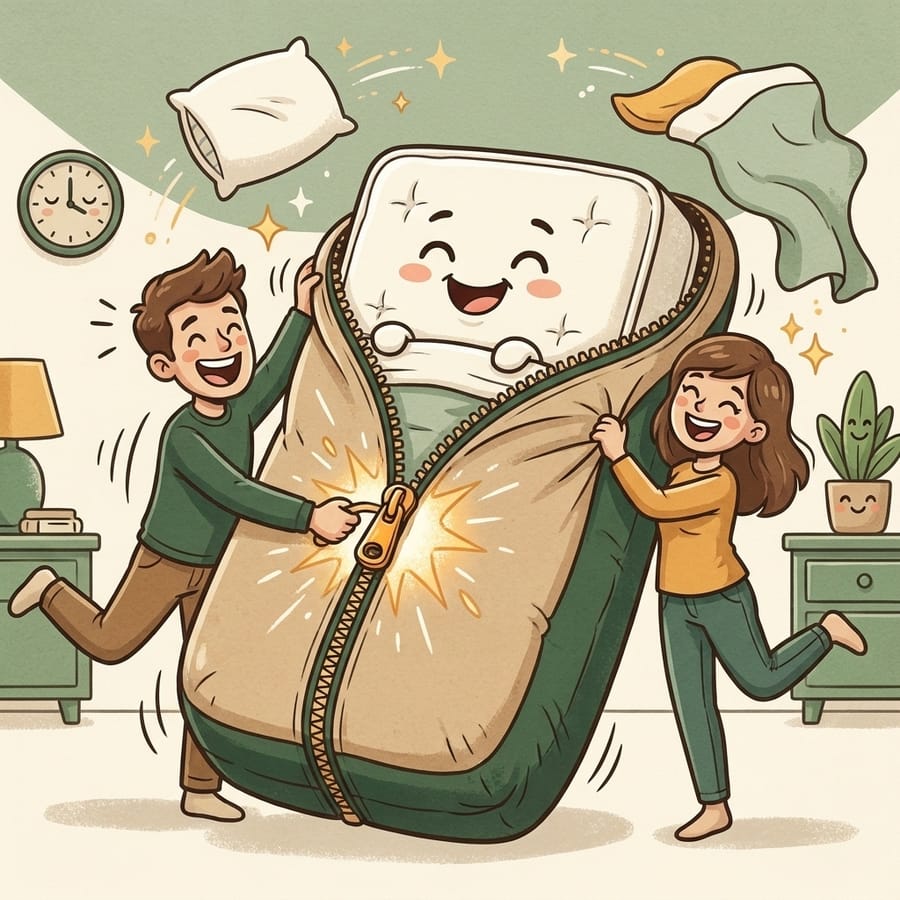 Cartoon of two people zipping a smiling mattress into a protective encasement like a sleeping bag