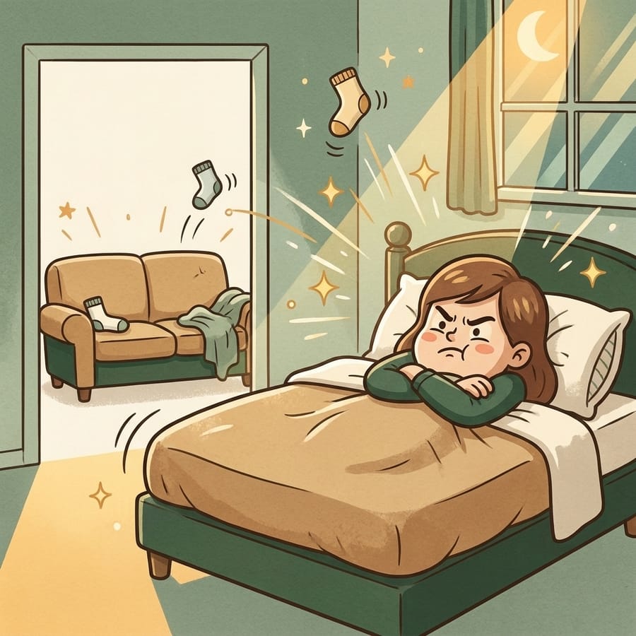 Cartoon of a person tucked determinedly into their own bed at night while the couch sits empty