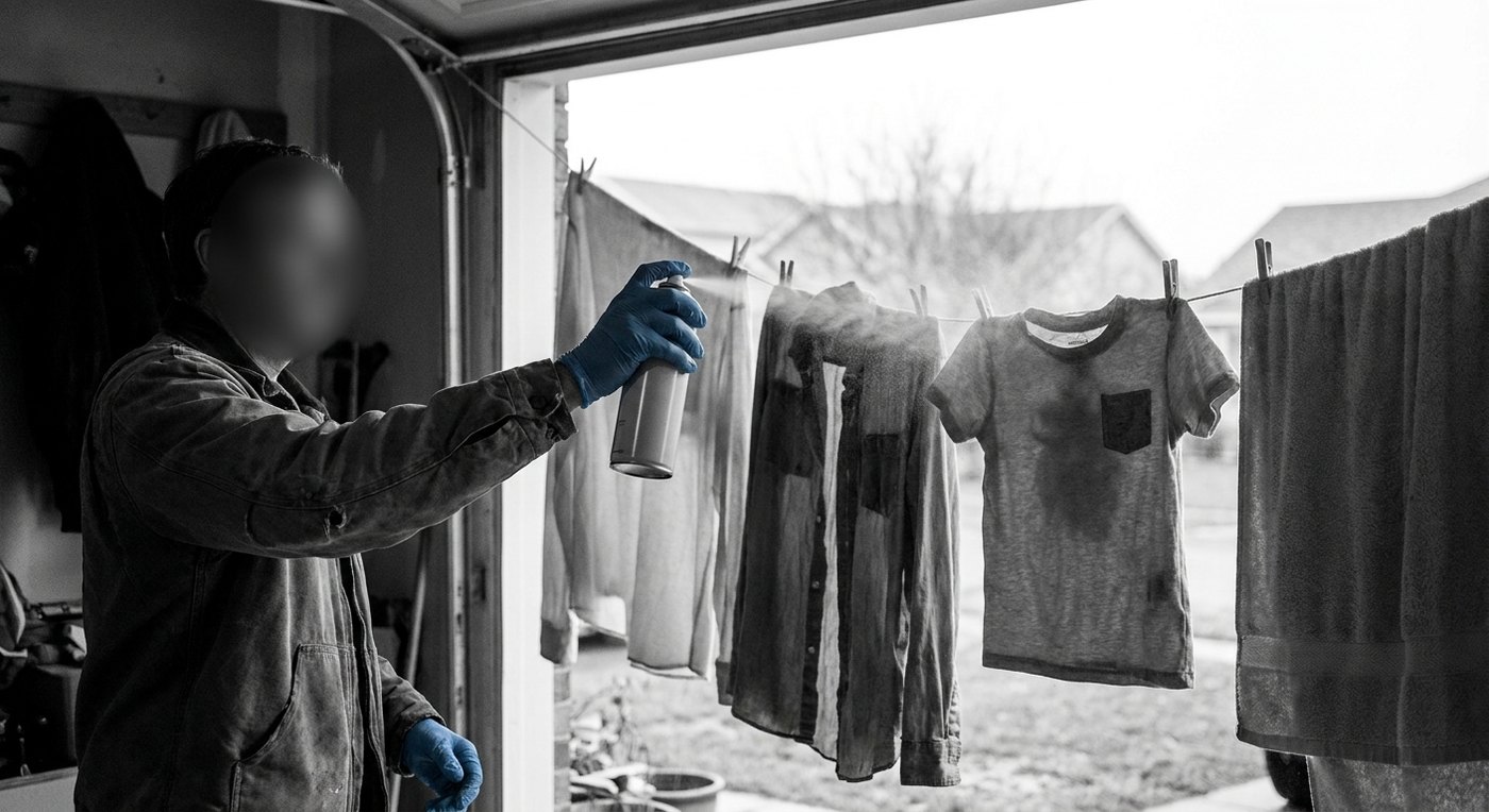 A parent in nitrile gloves sprays fabric treatment from an aerosol can onto a child's shirt hanging on a clothesline in a garage doorway